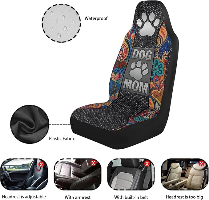 Dog Mom Paw Car Seat Covers Front Seats Boho Flower Waterproof Front Seat Covers Auto Interior Decor Bucket Seat Covers Suitable for Cars, SUV and Trucks