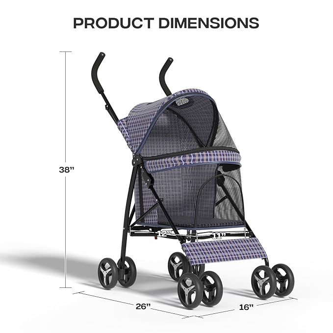 Dog Stroller for Small Dogs 10 lbs -22lbs Puppy Stroller Medium Dog Wagon Small Pet Stroller for Cats, Cat Strollers for 2 Cats, Rear Storage, Plaid
