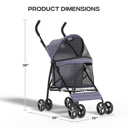 Dog Stroller for Small Dogs 10 lbs -22lbs Puppy Stroller Medium Dog Wagon Small Pet Stroller for Cats, Cat Strollers for 2 Cats, Rear Storage, Plaid