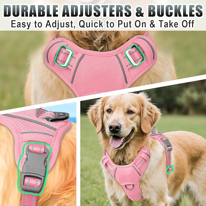 BARKBAY No Pull Dog Harness Large Reflective Dog Harness with Front Clip and Easy Control Handle for Walking Training Running with ID tag Pocket(Baby Pink,L)