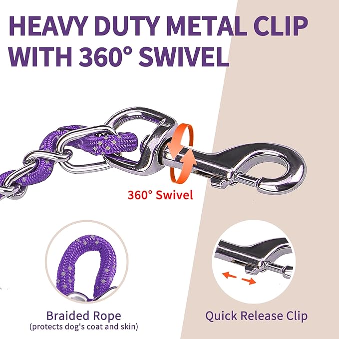HOMIMP Heavy Duty Dog Leash - Chew Proof 4 FT, Reflective, Metal Training Leash with Soft Padded Handle, Strong Rope for Night Walking, Purple