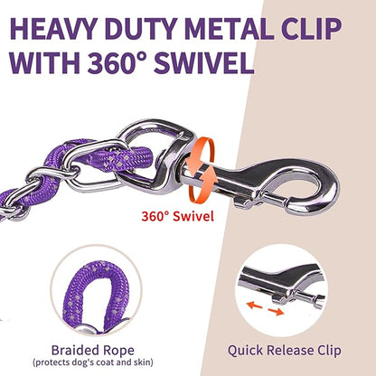 HOMIMP Heavy Duty Dog Leash - Chew Proof 4 FT, Reflective, Metal Training Leash with Soft Padded Handle, Strong Rope for Night Walking, Purple