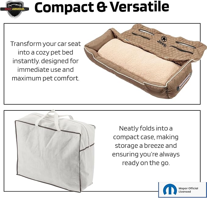 PetBed2GO Jeep Tan, Large Pet Bed Cushion & Car Seat Cover, 52x20x7, 6lbs