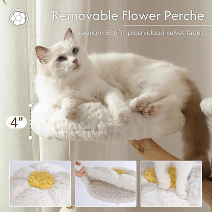 Moewrista Modern Cat Tree with Hammock 48.5 Inches Cat Tower with Scratching Post,Featuring Real Wood Post,Large Rattan Basket, Spacious Flower Perch and Condo for Indoor Cat Large Adults-Beige