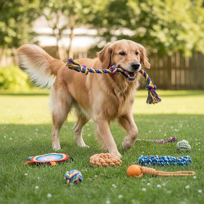 15-Piece Heavy Duty Dog Rope Toys for Large Aggressive Chewers, Indestructible Teeth Cleaning Tug of Toy, Knot + Toy Ball + Bell-Equipped Mini Frisbee.