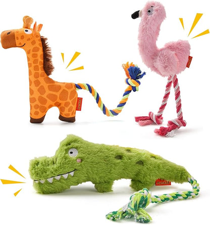 AUSCAT Plush Dog Rope Toy, Durable Squeaky Dog Toys for Puppy Small Medium Dogs (Not for Aggressive Chewers), Crocodile & Giraffe & Flamingo