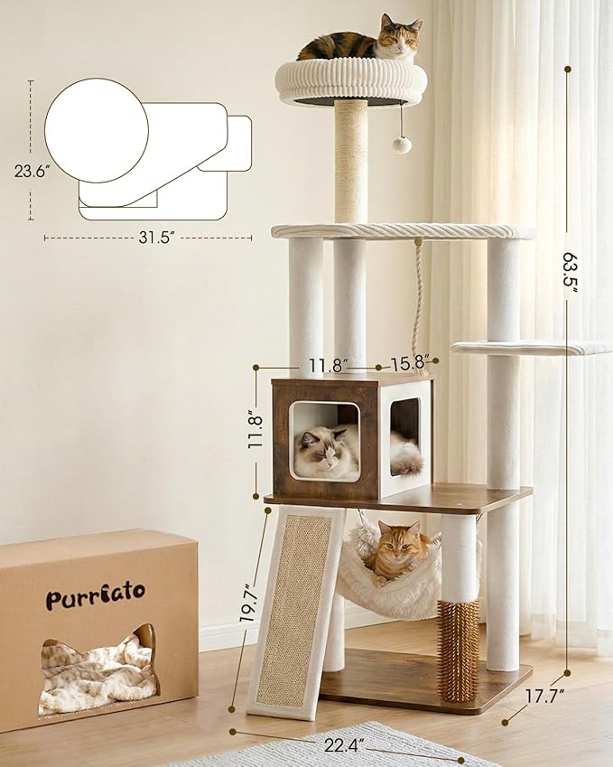 61" Modern Cat Tree Tower for Indoor Cats, Luxury Climbing Tower with Plush Lounge, Kitty Condos, Hammock & Scratching Posts, Classic cat Furniture (Rustin Brown)
