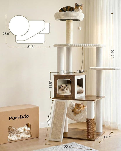 61" Modern Cat Tree Tower for Indoor Cats, Luxury Climbing Tower with Plush Lounge, Kitty Condos, Hammock & Scratching Posts, Classic cat Furniture (Rustin Brown)