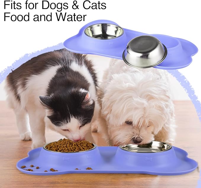 Dog Bowls 2 Stainless Steel Bowl for Pet Water and Food Feeder with Non Spill Skid Resistant Silicone Mat for Pets Puppy Small Medium Cats Dogs