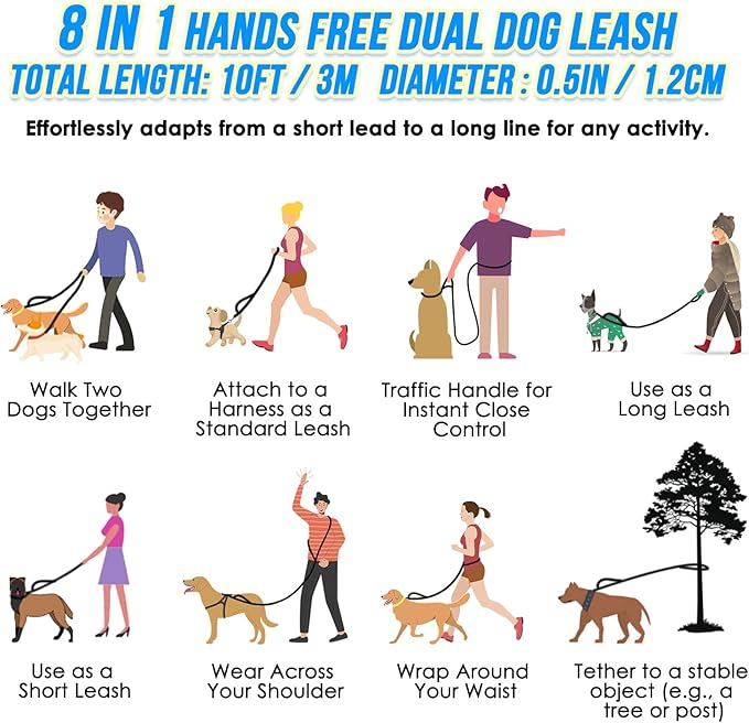 Lukovee Hands Free Dog Leash, 10FT Adjustable Training Lead 1/2 Inch Nylon Heavy Duty Lead No Pull for Large Medium Dogs, Tangle Free Reflective Waist-Leash for Walking Running, (BL, Plus Handle)