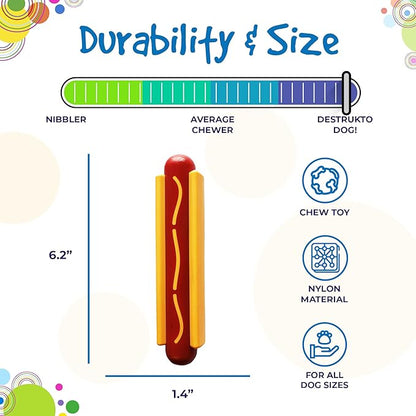 SodaPup Hot Dog – Durable Dog Chew Toy Made in USA from Non-Toxic, Pet Safe, Food Safe Nylon Material for Mental Stimulation, Clean Teeth, Fresh Breath, Problem Chewing, Calming Nerves, & More