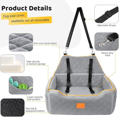 XIEEAOZEE Dog Car Seat for Large/Medium Dog, Booster Seat for Dogs Under 55Lbs or 2 Small Puppy, Detachable and Washable Travel Pet Bed with Thick Cushion and Storage Pockets (Gray)