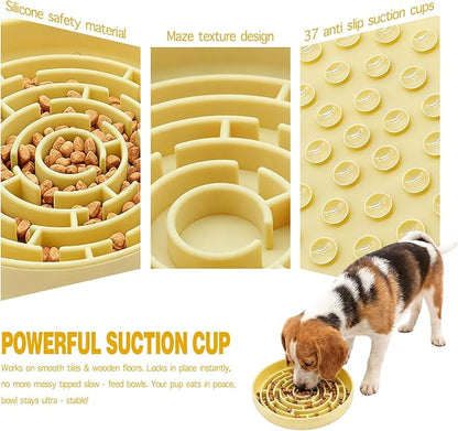 Silicone Slow Feeder Bowl, with Non-Slip Suction Cups, Anti-Choking, Puppy Puzzle Bowl, Slows Down Eating Speed, Relieves Anxiety, Suitable for S&M Sized Dogs and Cats(Yellow