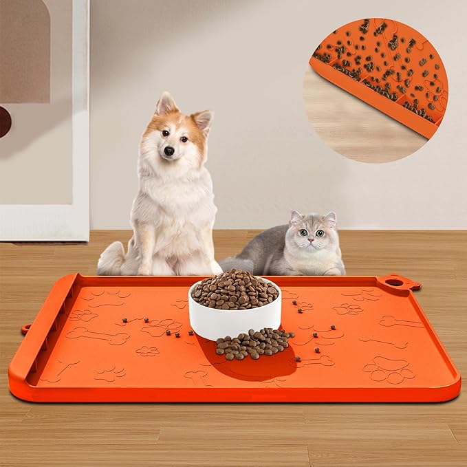 Dog Food Mat, Silicone Dog Mat for Food and Water -Pet Feeding Mats with Residue Collection Pocket, Waterproof Dog Cat Bowl Mats with Raised Edges and Hooks, Placemats for Cats and Dogs Water Bowl