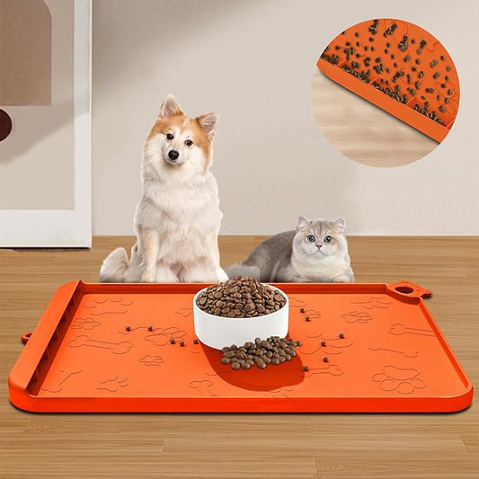 Dog Food Mat, Silicone Dog Mat for Food and Water -Pet Feeding Mats with Residue Collection Pocket, Waterproof Dog Cat Bowl Mats with Raised Edges and Hooks, Placemats for Cats and Dogs Water Bowl