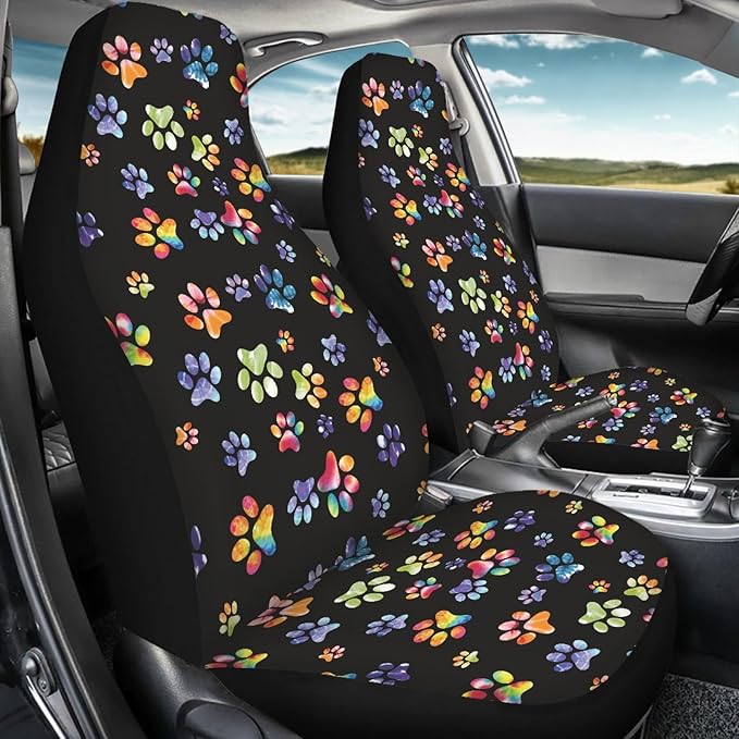 Tie Dye Dog Paws Print Car Seat Covers for Front Seats Only,Universal Bucket Seats Protector Fit for Car,SUV Sedan,Truck