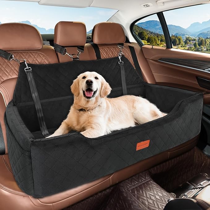 HEGGCOOE Large Dog Car Seat Under 100 lbs, Washable Dog Car Bed for 2 Medium Dogs, Detachable Pet Booster Seat with Storage Pocket and Seat Belt for Back Seat Dog Travel Bed
