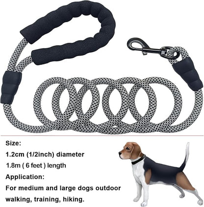 MayPaw 6ft Heavy Duty Rope Dog Leash, Soft Padded Handle Nylon Pet Leash, Thick Walking Lead Leashes for Large Medium Dogs (Black White, 1/2" * 6')