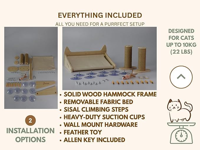 Cat Window Perch & Wall Hammock – 2-in-1 Solid Wood Window Seat with Strong Suction Cups & Wall Mount Option – Indoor Shelf with Climbing Steps + Hanging Toy