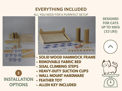 Cat Window Perch & Wall Hammock – 2-in-1 Solid Wood Window Seat with Strong Suction Cups & Wall Mount Option – Indoor Shelf with Climbing Steps + Hanging Toy