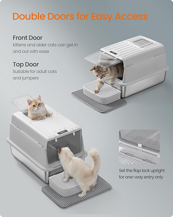 Feandrea Stainless Steel Cat Litter Box with Flip Lid, Litter Catcher Mat and Box, 2 Doors, Scoop, for Cats up to 33 lb, Light Gray UPPT007GD01