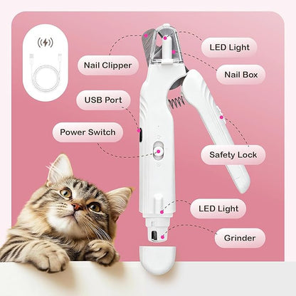 Safe 2-in-1 Dog & Cat Nail Clipper and Grinder LED Safety Light Illuminates the Quick to Prevent Over-Cutting or Bleeding, USB Rechargeable, Low Noise Motor Keeps Pets Calm Grooming for All Pet Sizes