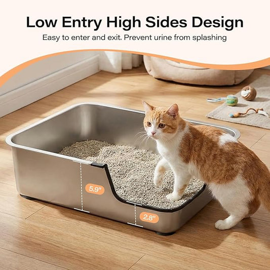 Stainless Steel Cat Litter Box, 19.5"L x 13.6"W x 6"H Metal Cat Litter Box with Low Entry for Senior, Injured Cats Anti-Slip Non-Stick No Odor Easy to Clean for Most Cats with Weight of 22Ibs or Less