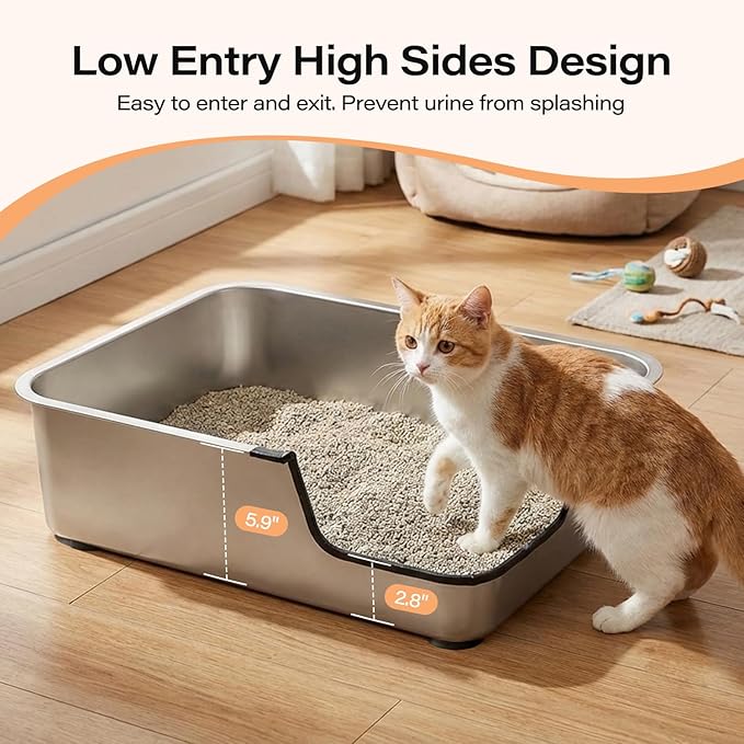 Stainless Steel Cat Litter Box, 17.5"L x 13.6"W x 6"H Metal Cat Litter Box with Low Entry for Senior, Injured Cats Anti-Slip Non-Stick No Odor Easy to Clean for Most Cats with Weight of 14Ibs or Less