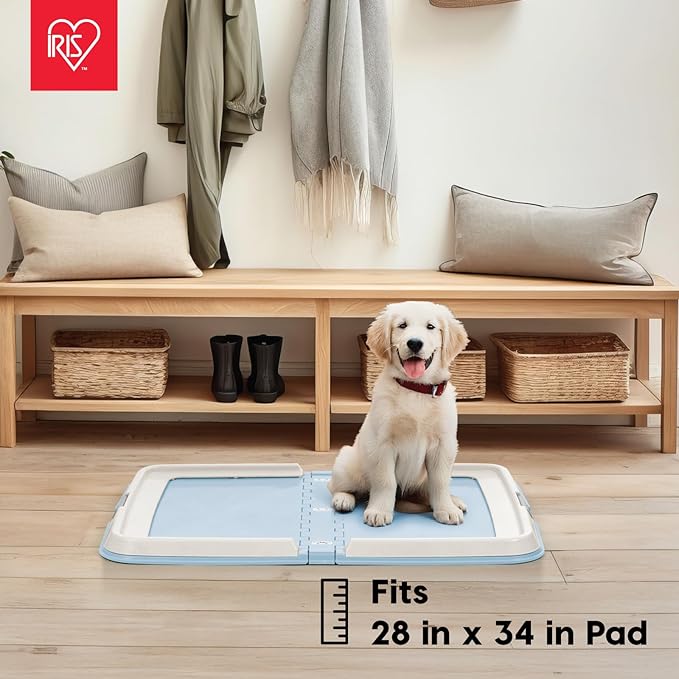 IRIS USA Pee Pad Holder - for Large Sized Dog and Puppy Pee Pads, Secured Latches, Non-Skid Feet, High Polish Finish for Easy Cleaning, Leak Protection, Fits 28"x34" Pad or Larger, Square, Blue