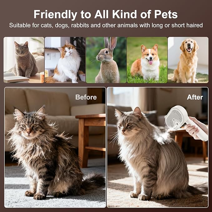 Pet Steam Brush for Dog & Cat, 3-in-1 Self Cleaning Cat Brush for Long & Short Haired Animals Low Noise, Anti-Static & Anti-Flying Mist Spray Hair Removal Comb for Shedding & Grooming & Massage