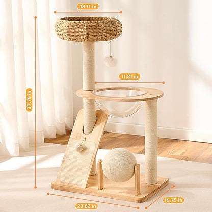 HITTITE Solid Wood Cat Tree Tower with Scratching Post, 36.6 Inches Tall Cat Towers with Scratching Board and Scratcher Ball, Modern Cat Tower With Space Capsule and Hand-Woven Basket for Indoor Cats.