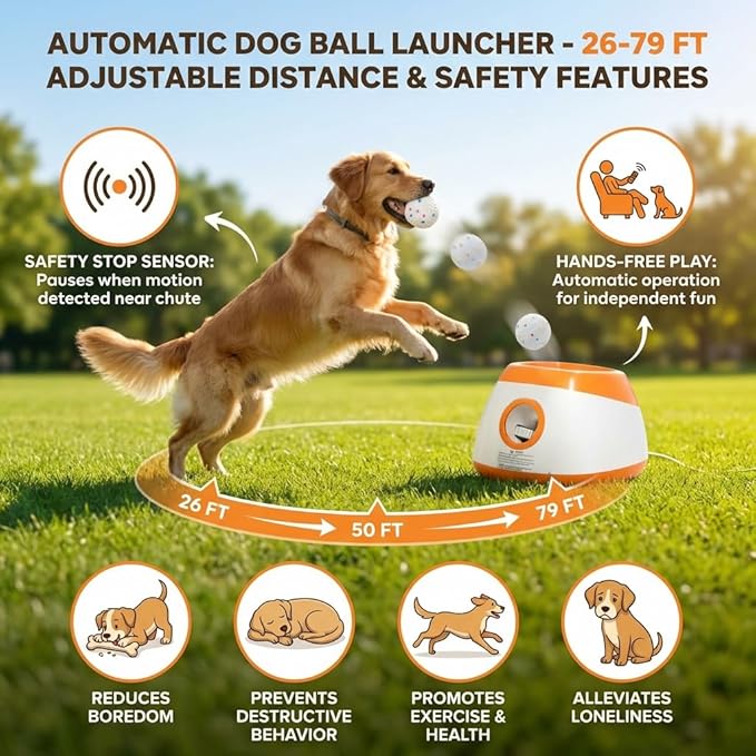 Automatic Dog Ball Launcher for Medium and Large Dogs, 26-79 FT Adjustable Distance Thrower, Hands-Free Automatic Ball Launcher for Dogs Fetch Dog Ball Launcher Toy with Safety AUT