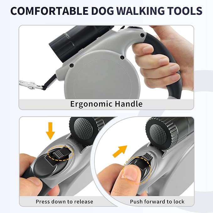 Retractable Dog Leash for Medium & Small Dogs - 16.4 Ft Pet Leash with Detachable LED Flashlight, Poop Bag Dispenser, Ergonomic Handle(Gray)