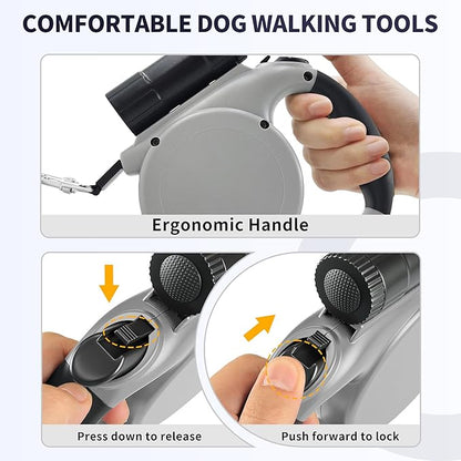 Retractable Dog Leash for Medium & Small Dogs - 16.4 Ft Pet Leash with Detachable LED Flashlight, Poop Bag Dispenser, Ergonomic Handle(Gray)