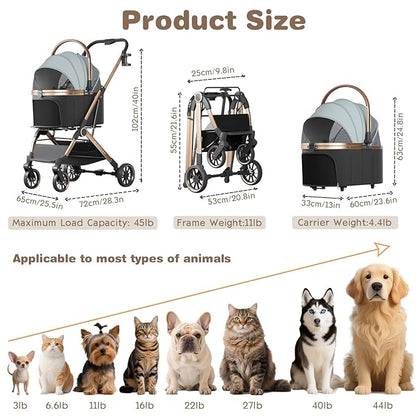 4 Wheels Pet Stroller for Small Medium Dogs Cats Up to 45 lbs Folding Dog Stroller with Detachable Breathable Carrier Suitable for Car Seat, Hand Carry & Travel, All Terrain, 3 in 1 Multifunctional