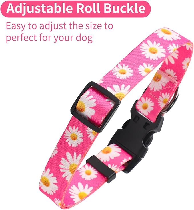 QQPETS Adjustable Soft Dog Collar: Print Flower Pink Multicolor Cute Patterns for XS Small Medium Large Pet Girl Boy Puppy Walking Running Training (XS, Small Daisies)