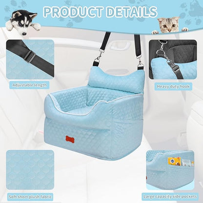 Dog Car Seat - Memory Foam Dog Booster Seat for Small Dogs Up to 25lbs-Elevated Pet Car Seat with Storage Pockets and Dog Seat Belt-Soft Pet Travel Bed for Front & Back Seats-Removable Washable-Blue