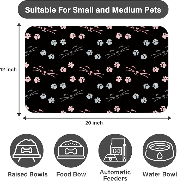 Patterned Cat & Dog Bowl Mat for Food and Water, 12"×20" Quick Dry Absorbent Pet Feeding Mat, Eco-Friendly Dog Placemat