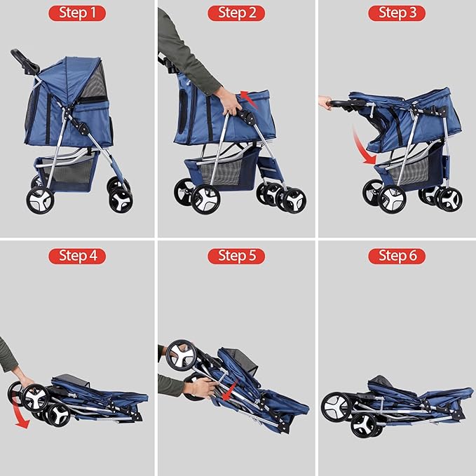 ZENY Foldable Pet Stroller, Cat/Dog Stroller with 4 Wheel, Pet Travel Carrier Strolling Cart with Storage Basket, Cup Holder (Navy Blue)