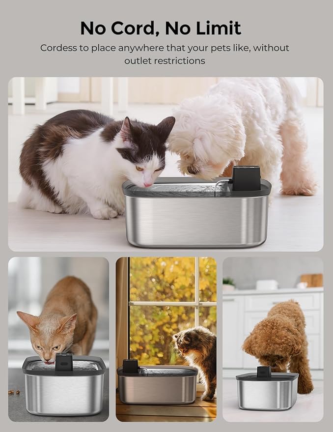 Wireless 7.5l/254oz/2Gal Dog Water Fountain for Large Dogs Stainless Steel, Quiet Pet & Cat Water Fountain with Motion Sensor, Automatic Water Dispenser for Dogs with 6psc Filters