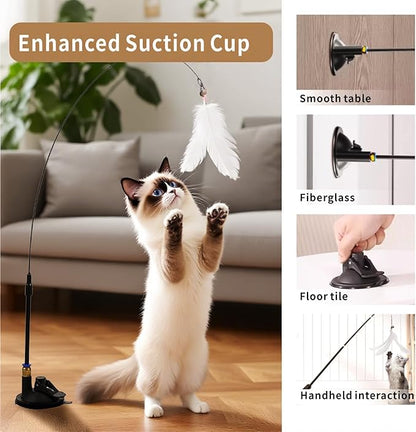 Interactive Cat Wand Toys, 7PCS Fishing Pole Cats Feathers Toy Replacements,Enhanced Suction Cup Cats Wand Toy, 2Types Door Hanging Cat String Toys for Indoor Kittens