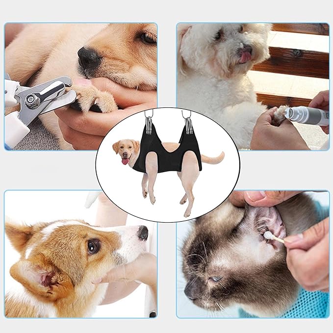Pet Cat Grooming Hammock Restraint Towel Bag Bathing Bag Harness Breathable Dog for Trimming Puppy Small Medium Dogs Claw Care, Black, L