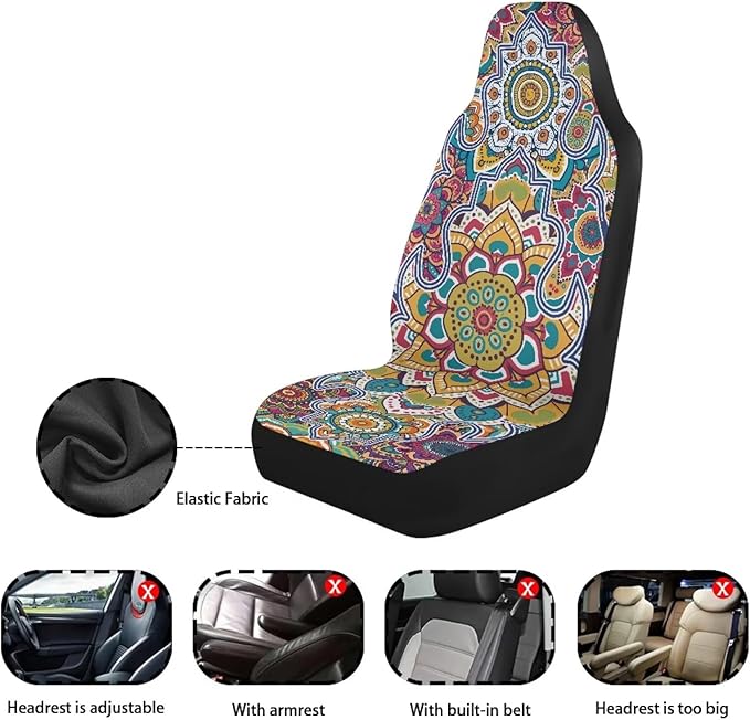 Dreaweet Boho Car Seat Covers Front Seats Mandala Lotus Flower Car Accessories for Women Interior 2 Piece Washable Universal Seat Covers for Cars SUV Sedan Easy to Install
