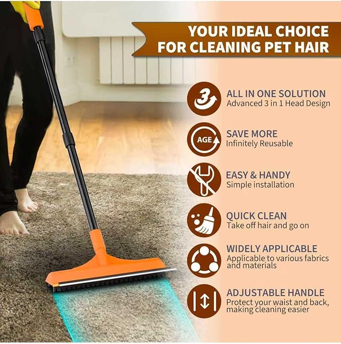 Carpet Rake for Pet Hair Removal - Reusable Dog & Cat Hair Remover with 58" Reinforced Steel Handle, 3-in-1 Professional Modular Rug Rake & Scraper Tool for Shag Rugs, Couch, Stairs (Orange)