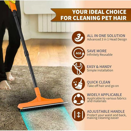 Carpet Rake for Pet Hair Removal - Reusable Dog & Cat Hair Remover with 58" Reinforced Steel Handle, 3-in-1 Professional Modular Rug Rake & Scraper Tool for Shag Rugs, Couch, Stairs (Orange)