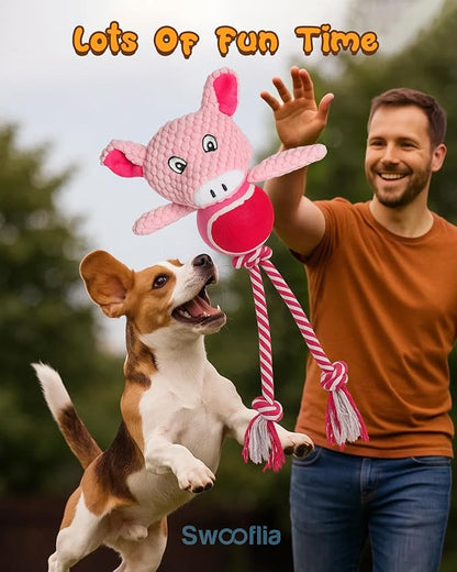 Swooflia Durable Squeaky Dog Toy - Interactive Plush Cute Pig with Rope Legs, Teeth Cleaning Tug Toy for Small Medium and Large Dogs, Puppy Chew Toy for Training and Play