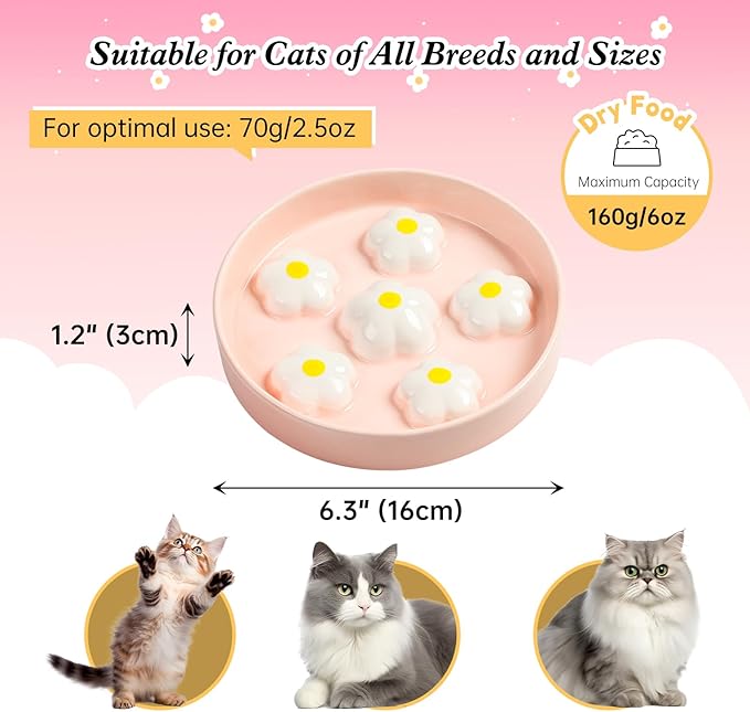 Ceramic Cat Slow Feeder Bowl - 6 OZ Puzzle Food Dish for Healthy Eating - Shallow Wide Whisker Friendly - Dishwasher Safe - 6.3''W x 1.2''H - 6 OZ - White Flowers