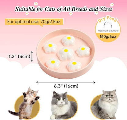 Ceramic Cat Slow Feeder Bowl - 6 OZ Puzzle Food Dish for Healthy Eating - Shallow Wide Whisker Friendly - Dishwasher Safe - 6.3''W x 1.2''H - 6 OZ - White Flowers