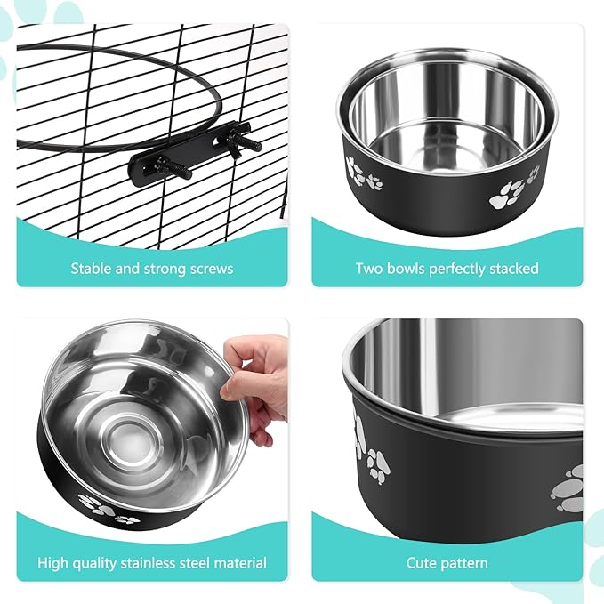 Kennel Water Bowl, Stainless Steel Dog Crate Water Bowl No Spill, 2 Pack Hanging Dog Bowls for Kennel Cage,Metal Pet Food Feeder for Dogs Cats