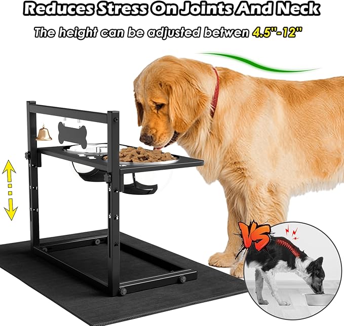 Elevated Dog Bowls With Mat, Adjustable Height 4.3-11.8'', Two 1.7L Stainless Steel Food & Water Bowls, Metal Raised Stand for Large, Medium Dogs